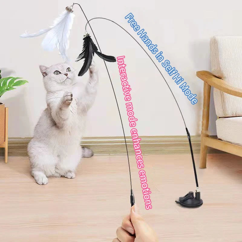 Interactive Hands-Free Cat Teaser Wand with Suction Cup and Feather Attachment