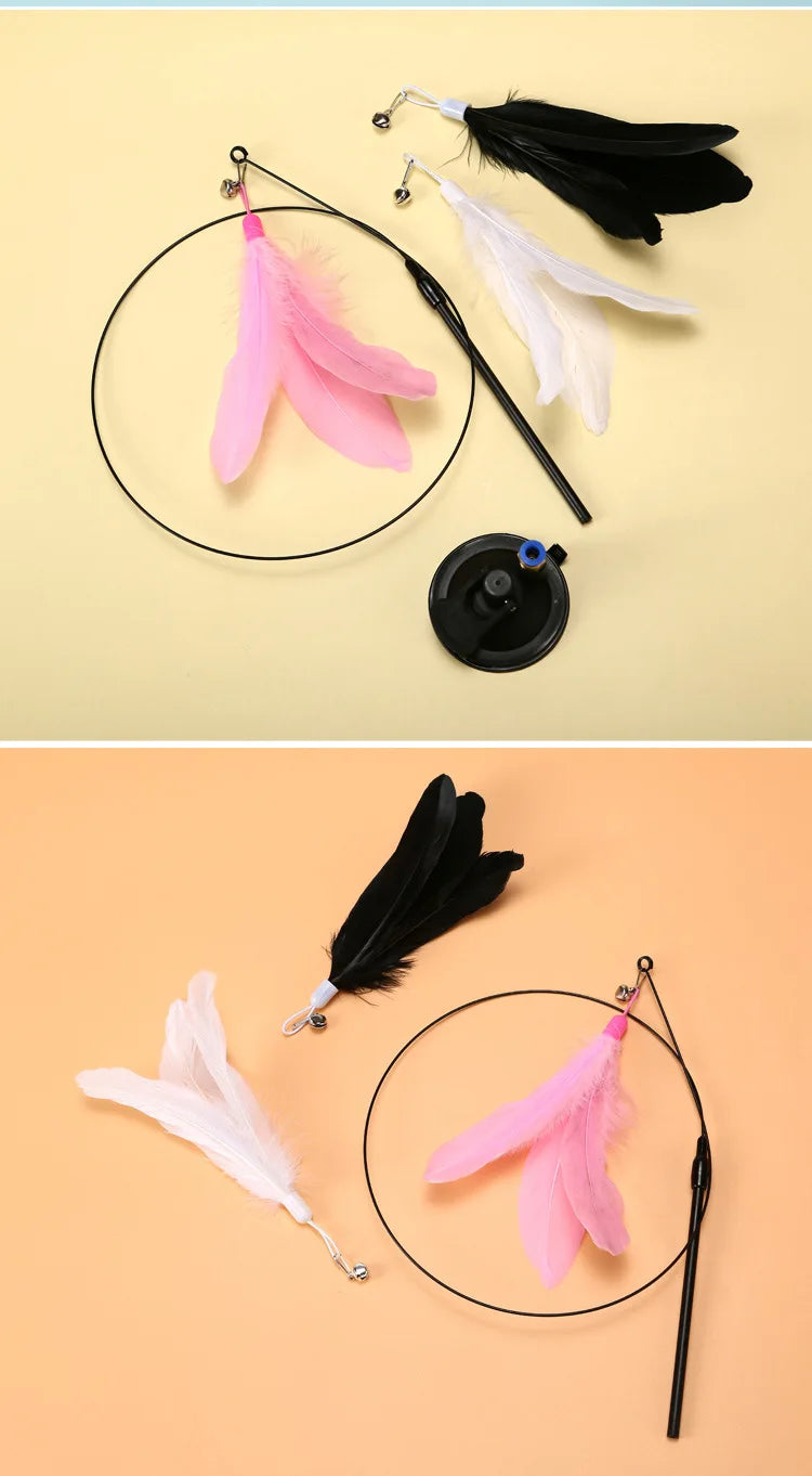 Interactive Hands-Free Cat Teaser Wand with Suction Cup and Feather Attachment