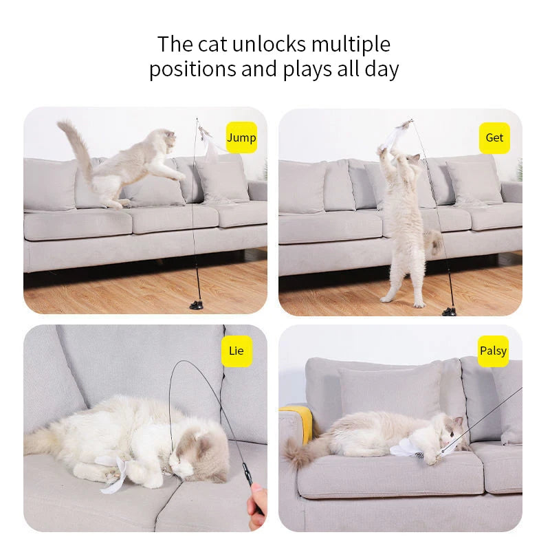 Interactive Hands-Free Cat Teaser Wand with Suction Cup and Feather Attachment