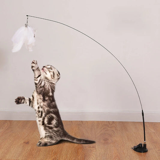 Interactive Hands-Free Cat Teaser Wand with Suction Cup and Feather Attachment