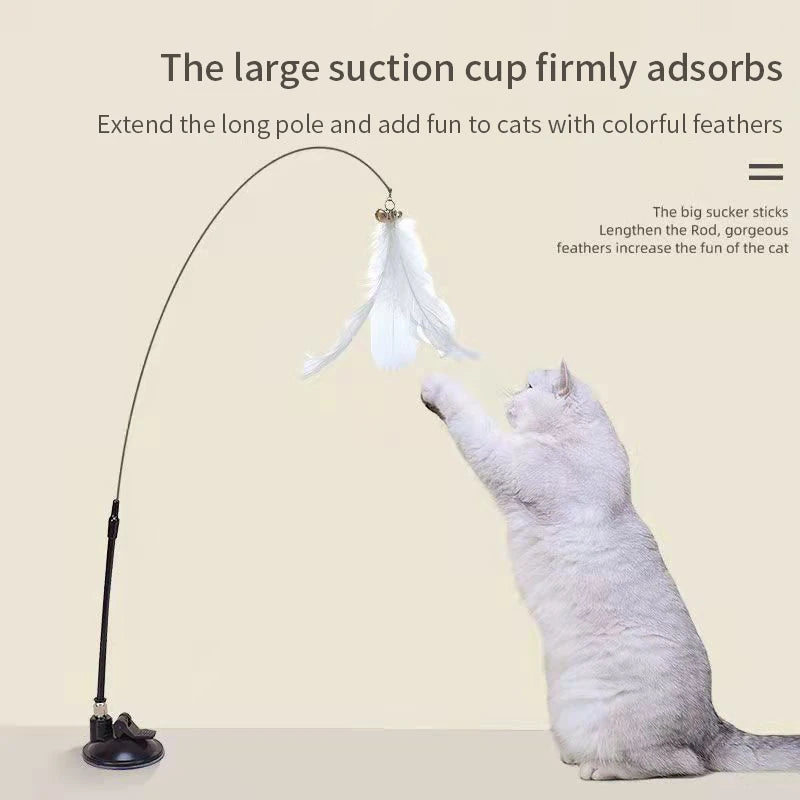 Interactive Hands-Free Cat Teaser Wand with Suction Cup and Feather Attachment