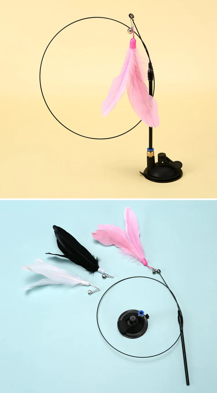 Interactive Hands-Free Cat Teaser Wand with Suction Cup and Feather Attachment