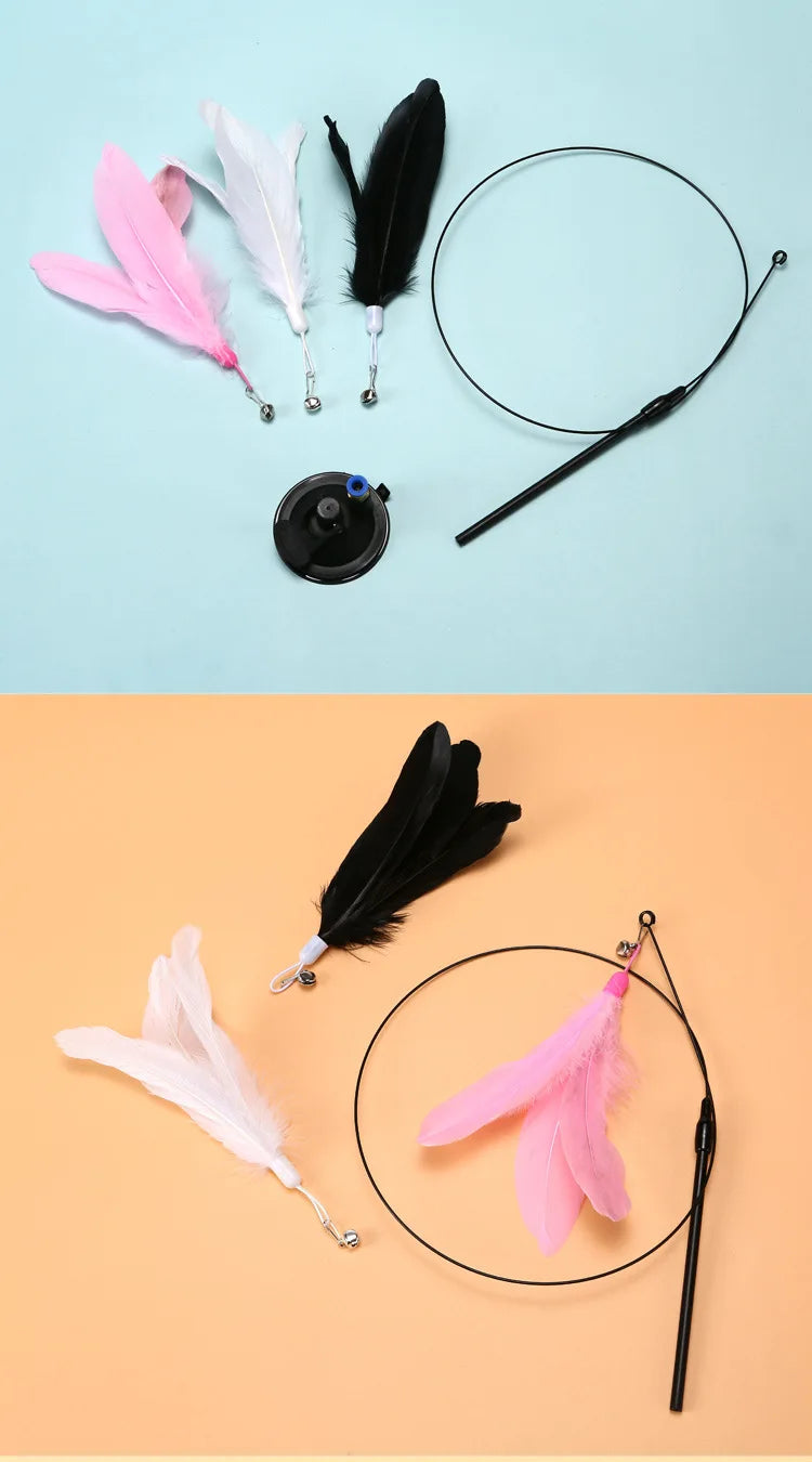 Interactive Hands-Free Cat Teaser Wand with Suction Cup and Feather Attachment