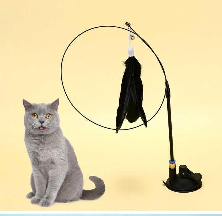 Interactive Hands-Free Cat Teaser Wand with Suction Cup and Feather Attachment