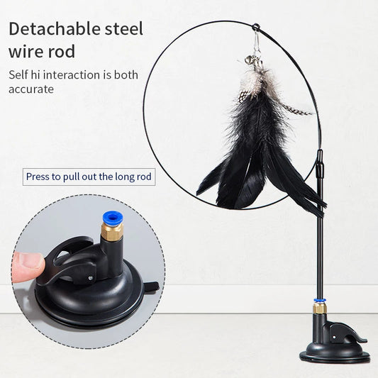 Interactive Hands-Free Cat Teaser Wand with Suction Cup and Feather Attachment